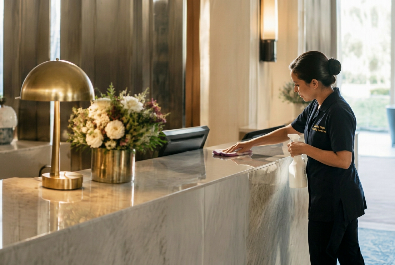Cleaner polishing a reception desk