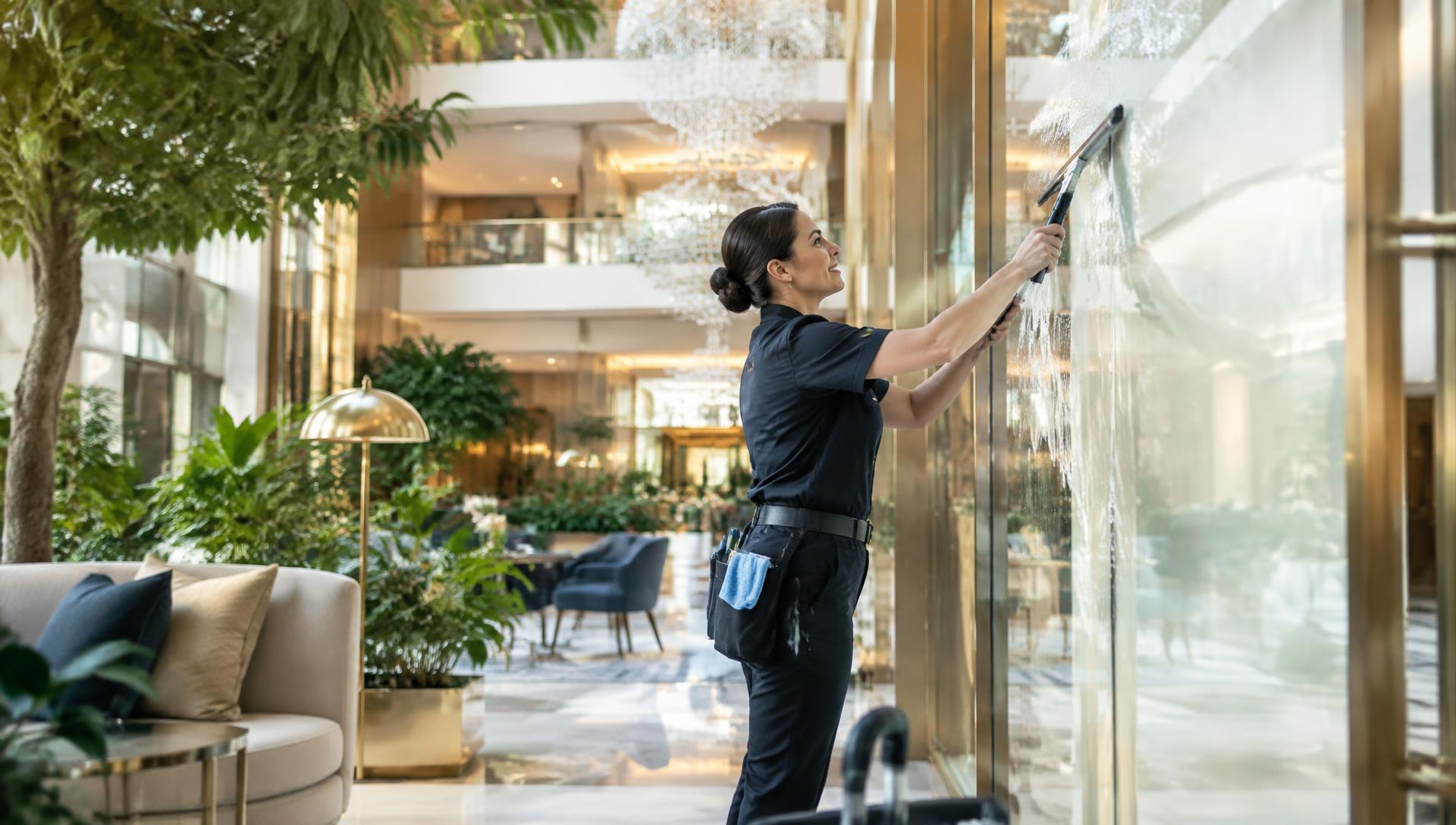 Modern glass high-rise lobby in San Francisco being detailed by a cleaning professional