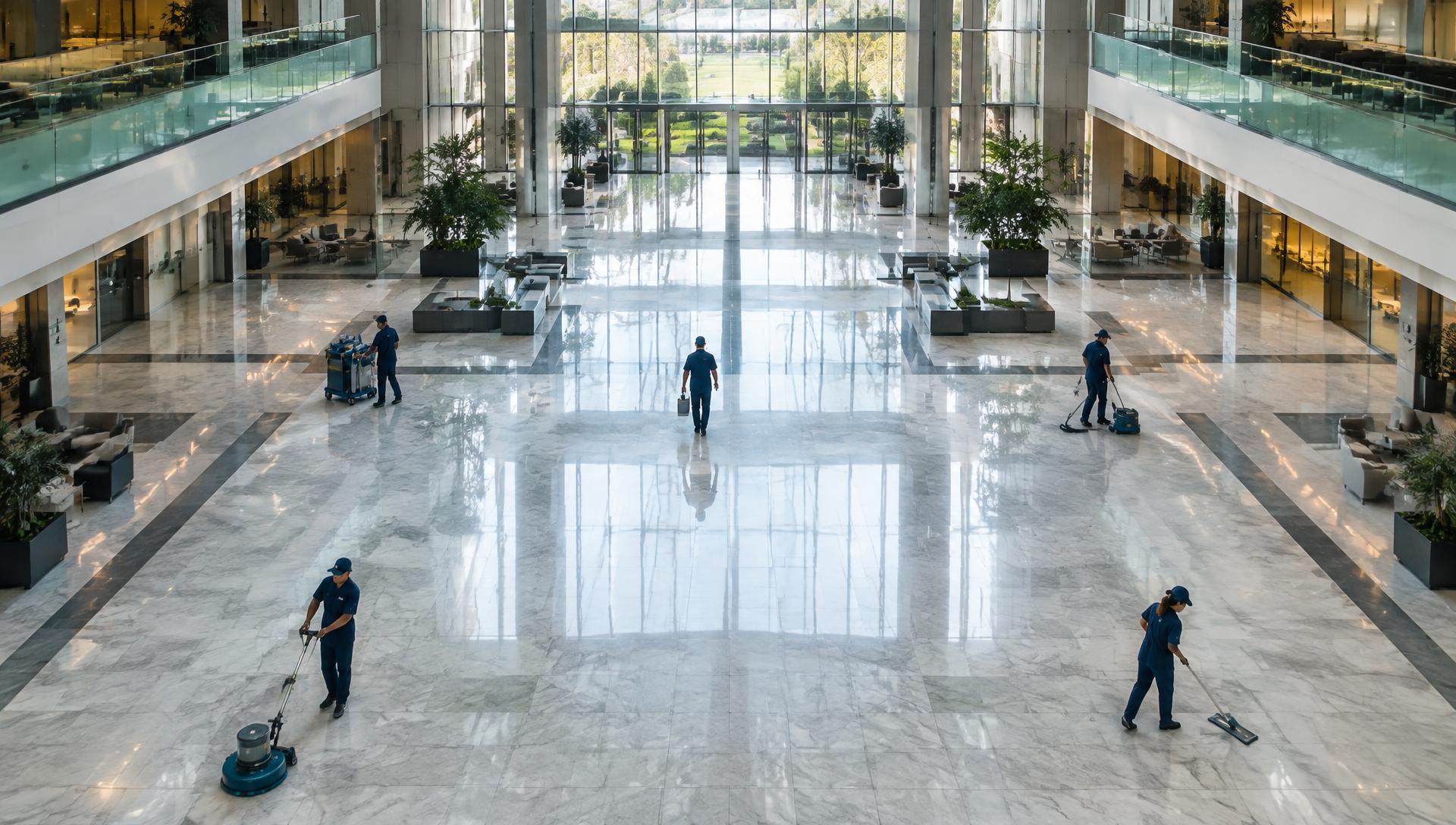Uniformed crew cleaning a large corporate atrium