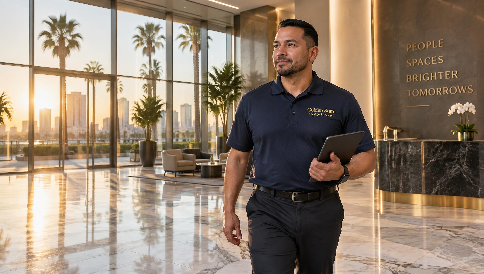 Golden State Facility Services supervisor touring a California corporate lobby
